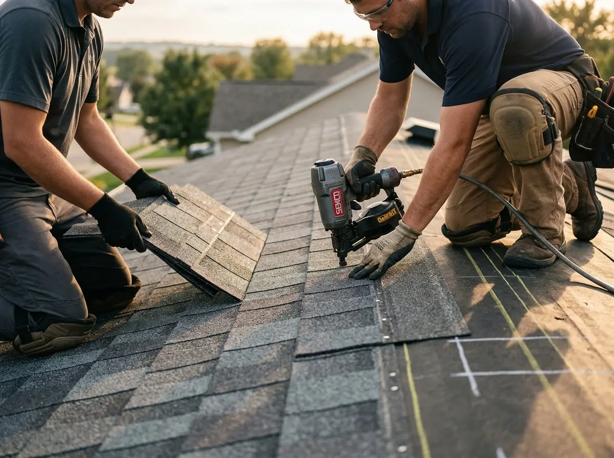 Professional roofer working on a residential roof in Marlene Village